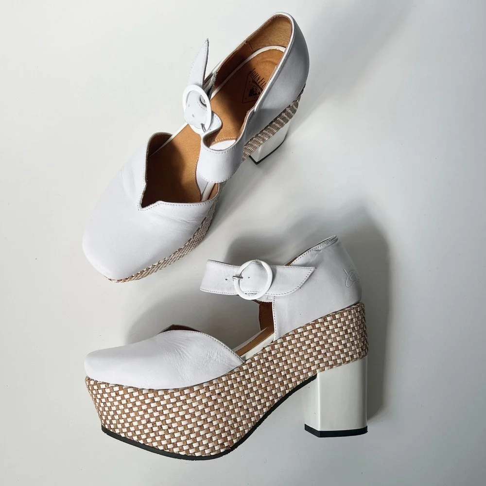 John Fluevog Ana Rita Platform Mary Jane 9 White Leather Woven Cork Block Heel